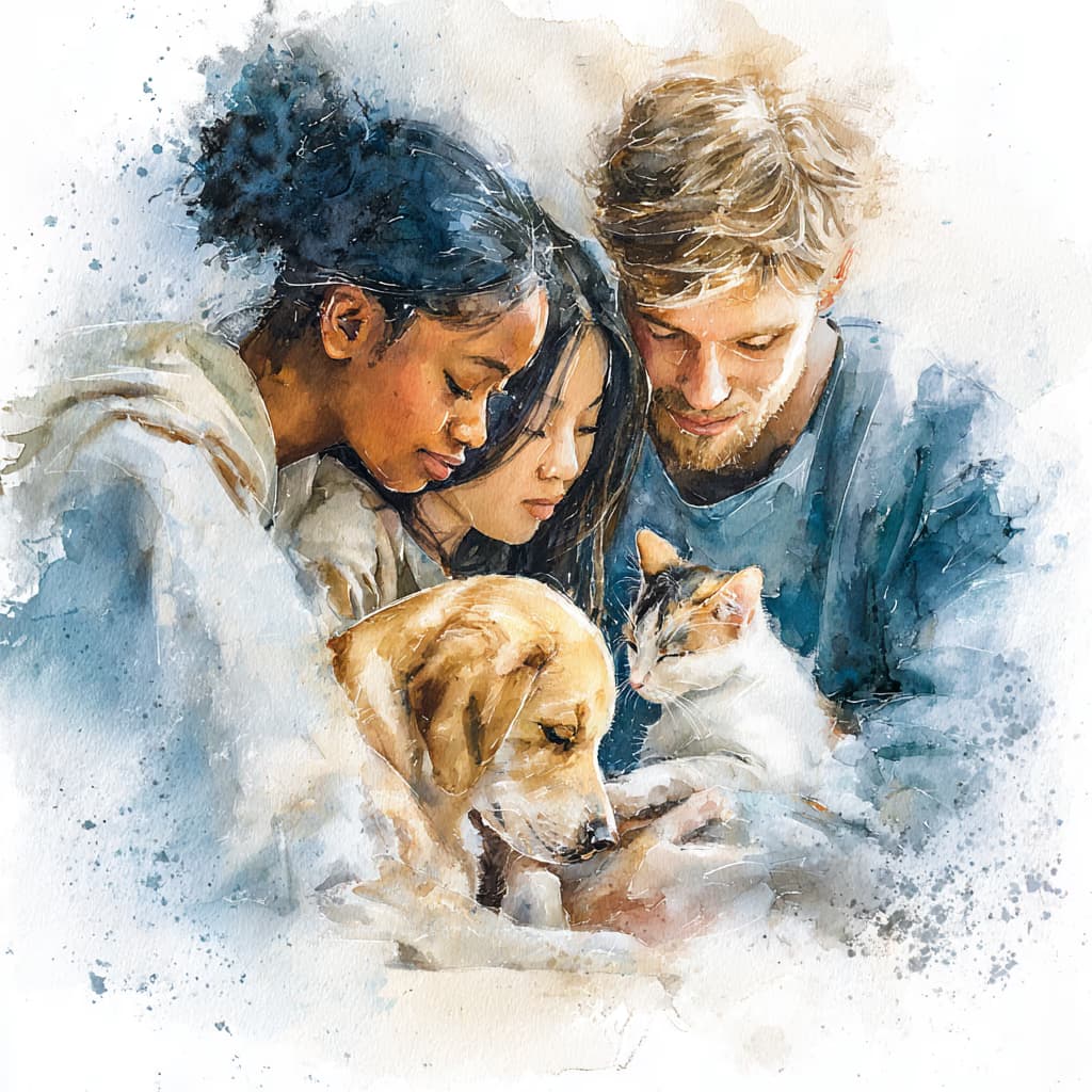 Family embracing their pets