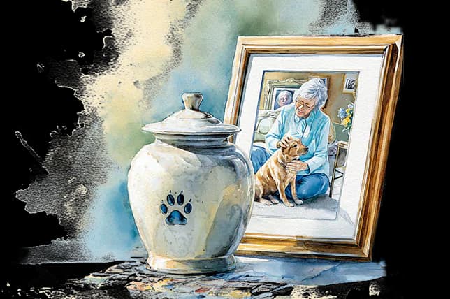 Watercolor illustration of a clay paw print keepsake with a memorial necklace