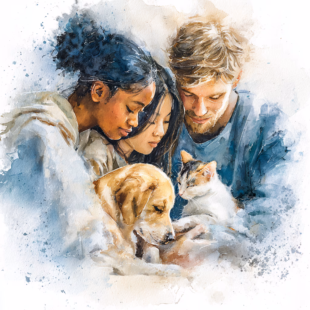 Family embracing their pets